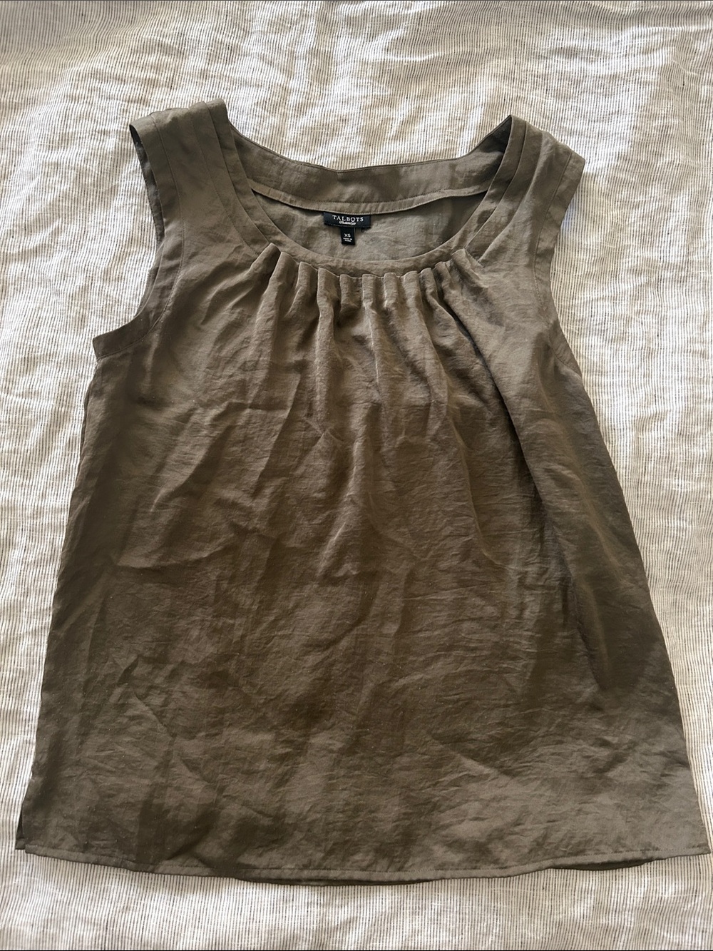 Talbots Olive Green Sleeveless Pleated Neck Linen Camisole